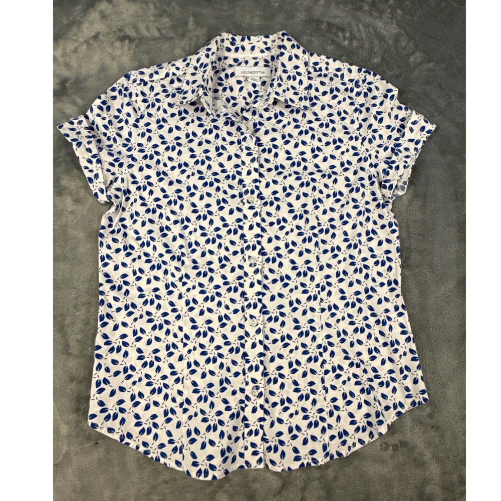 Liz‎ Claiborne Womens XS Blue White Leaf Print Short Sleeve Button Down Shirt